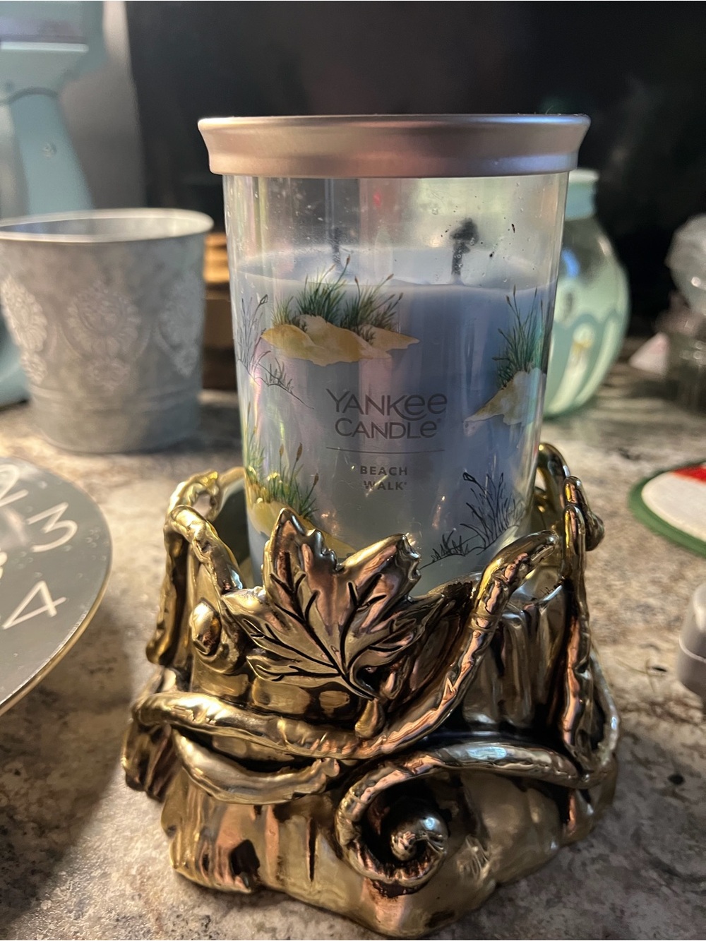 Yankee Candle Beach Walk Jar Candle in Pale Blue with Gold Holder